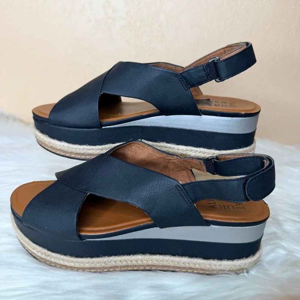 Naturalizer Baya Wedge Sandal Strappy Buckle Black Brown Size 8.5